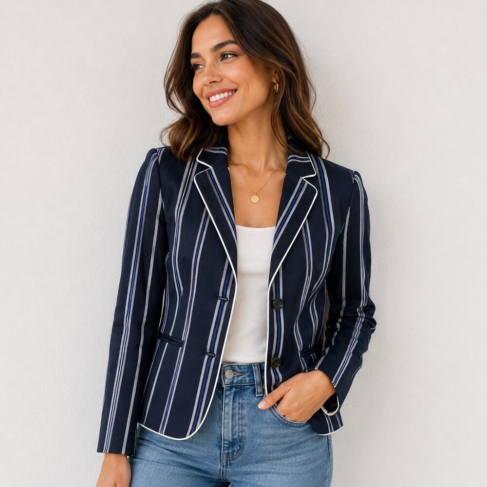 JCP Navy Blue Striped Blazer Jacket White Trim Sz M